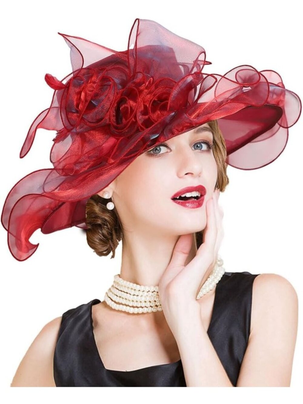 Elegant Women's Wide Brim Organza Derby Hat with Flowers | Party & Church